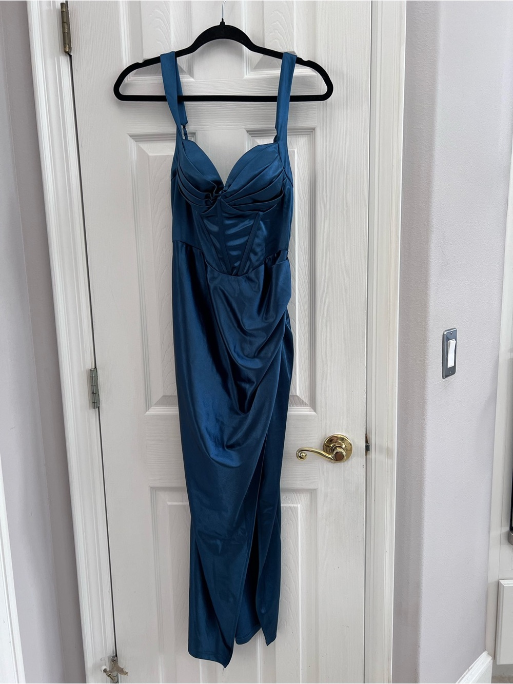 Selfie Leslie Teal Satin Maxi Dress with Draped Skirt